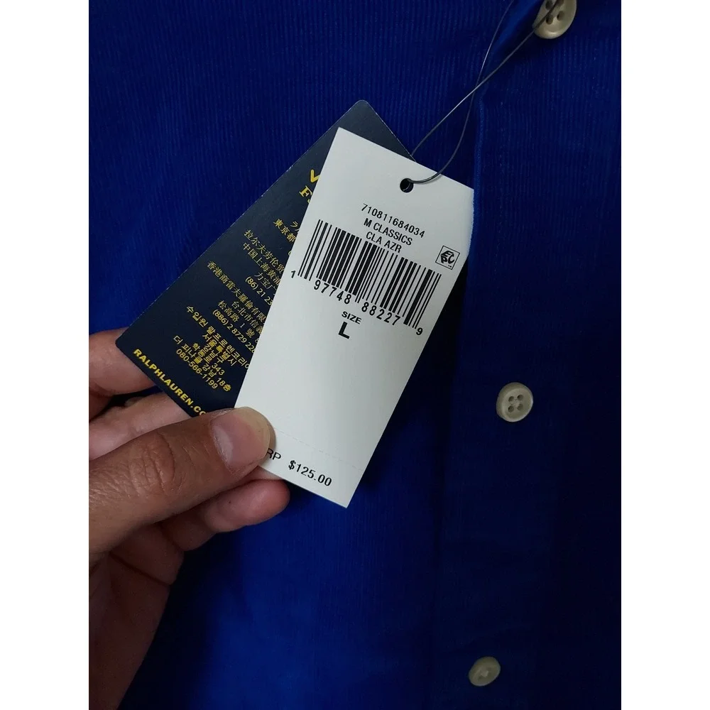 NEW Polo Ralph Lauren Corduroy Shirt Men Large Classic Fit Button Down Blue NWT